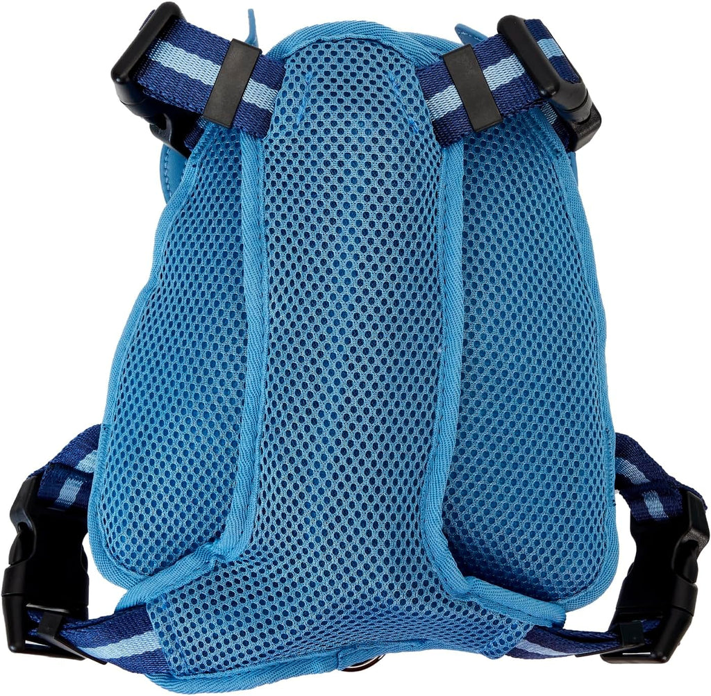 Loungefly Disney Stitch vegan leather pet vest showing the adjustable blue nylon straps and side buckles.