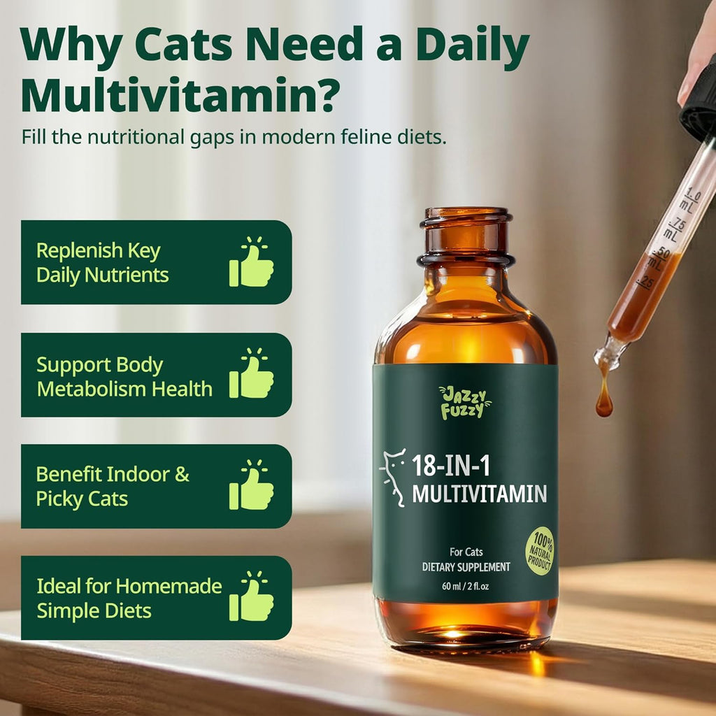 Jazzy Fuzzy cat liquid vitamin with taurine and lysine dropper packaging