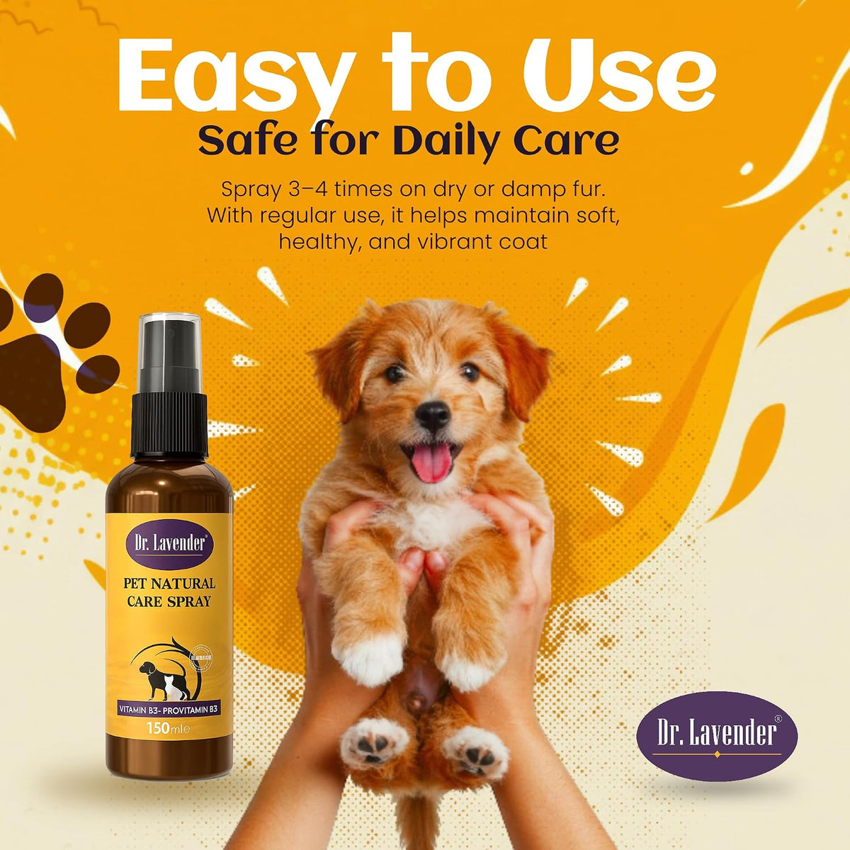 Vegan pet spray application on a dog showing how to treat hot spots
