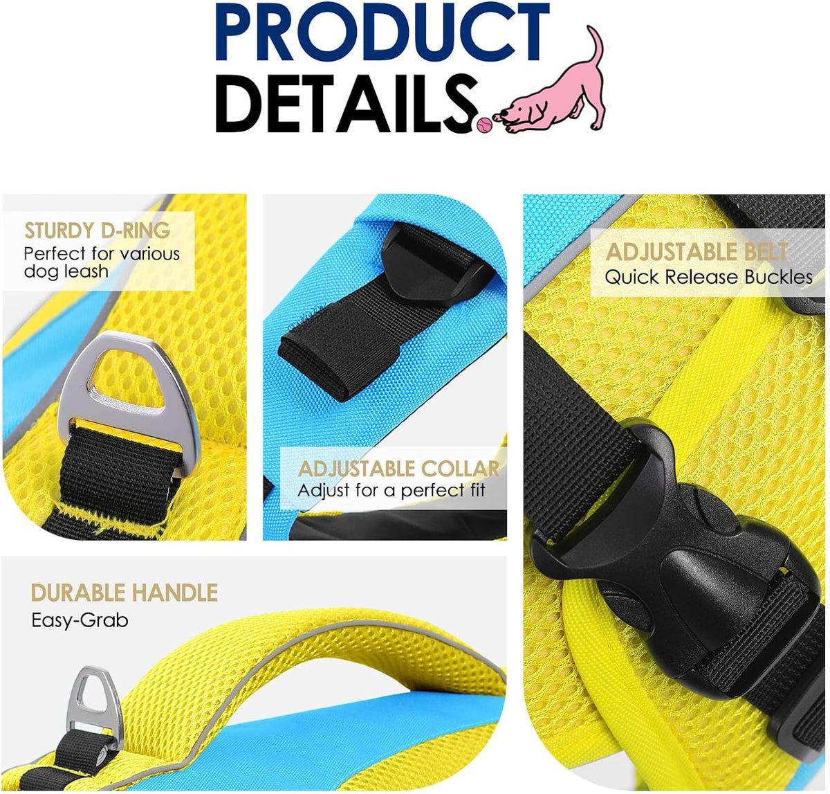 AOFITEE large dog swimming vest blue and yellow reflective safety straps