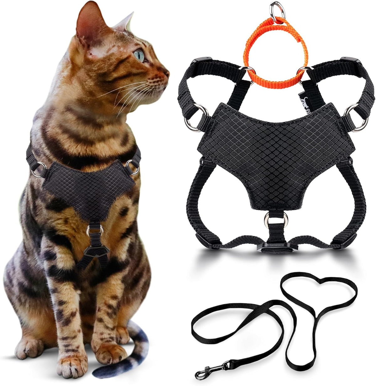 OutdoorBengal Always On Martingale Cat Harness front view black escape proof vest
