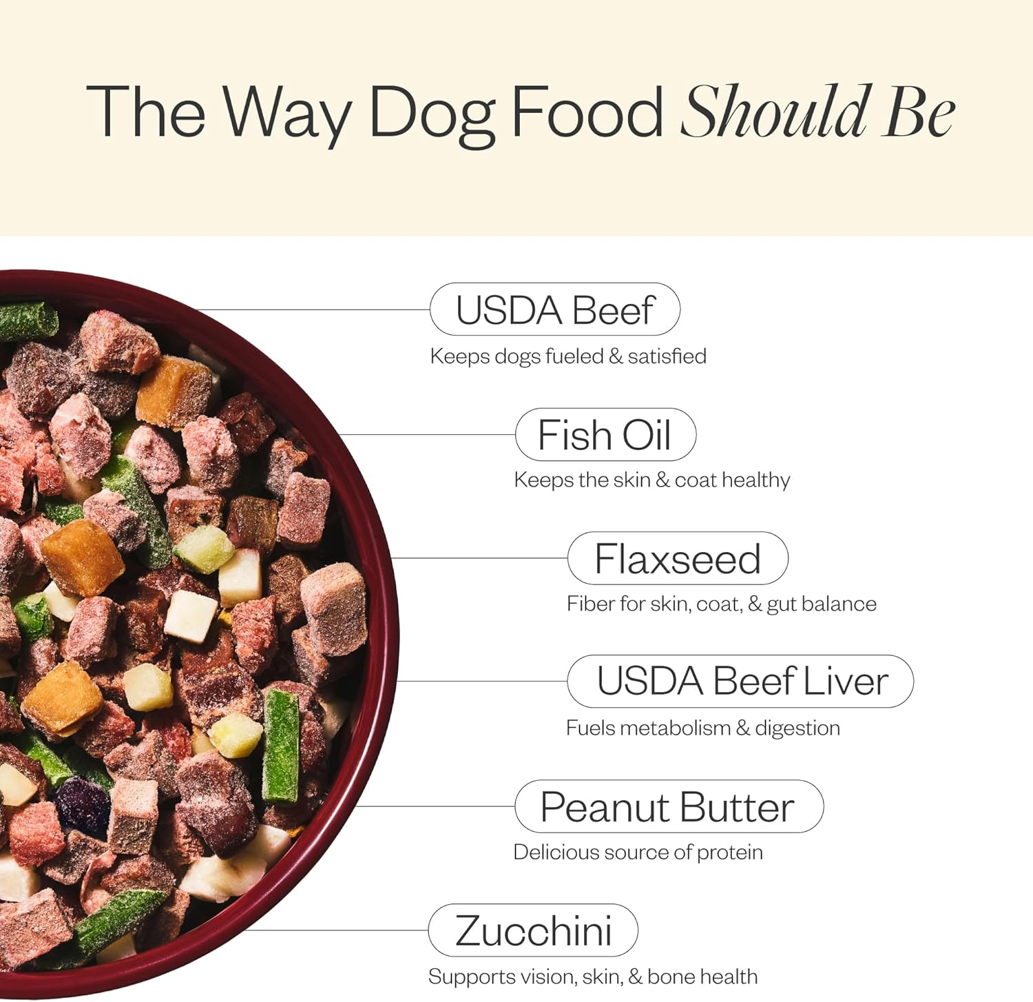 Top view of bowl with Maev raw dog food meal topper