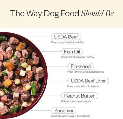 Top view of bowl with Maev raw dog food meal topper