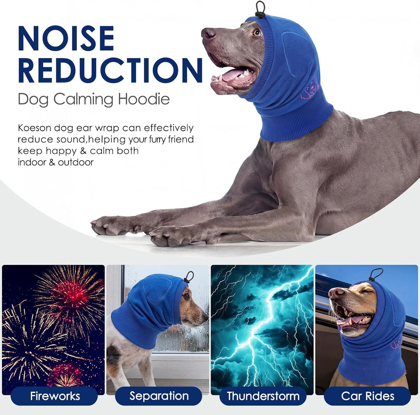 KOESON dog ear muffs noise protection showing the adjustable top strap and drawstring closure