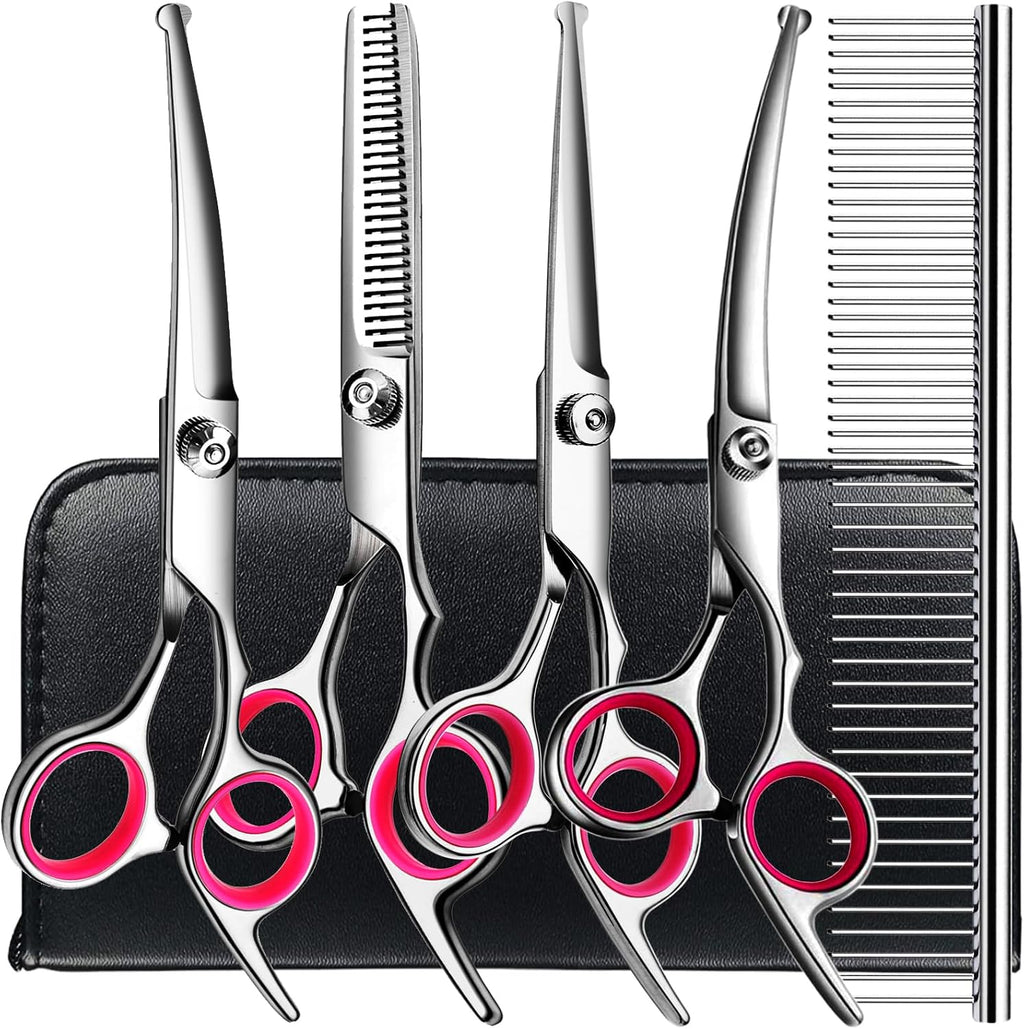 TINMARDA Dog Grooming Kit, Professional Stainless Steel Dog Grooming Scissors with Curved Shears, Pink Finger Rings - 4 Piece Sharp Durable Pet Shears for Dogs Cats At Home Salon-Quality Grooming - Image 9