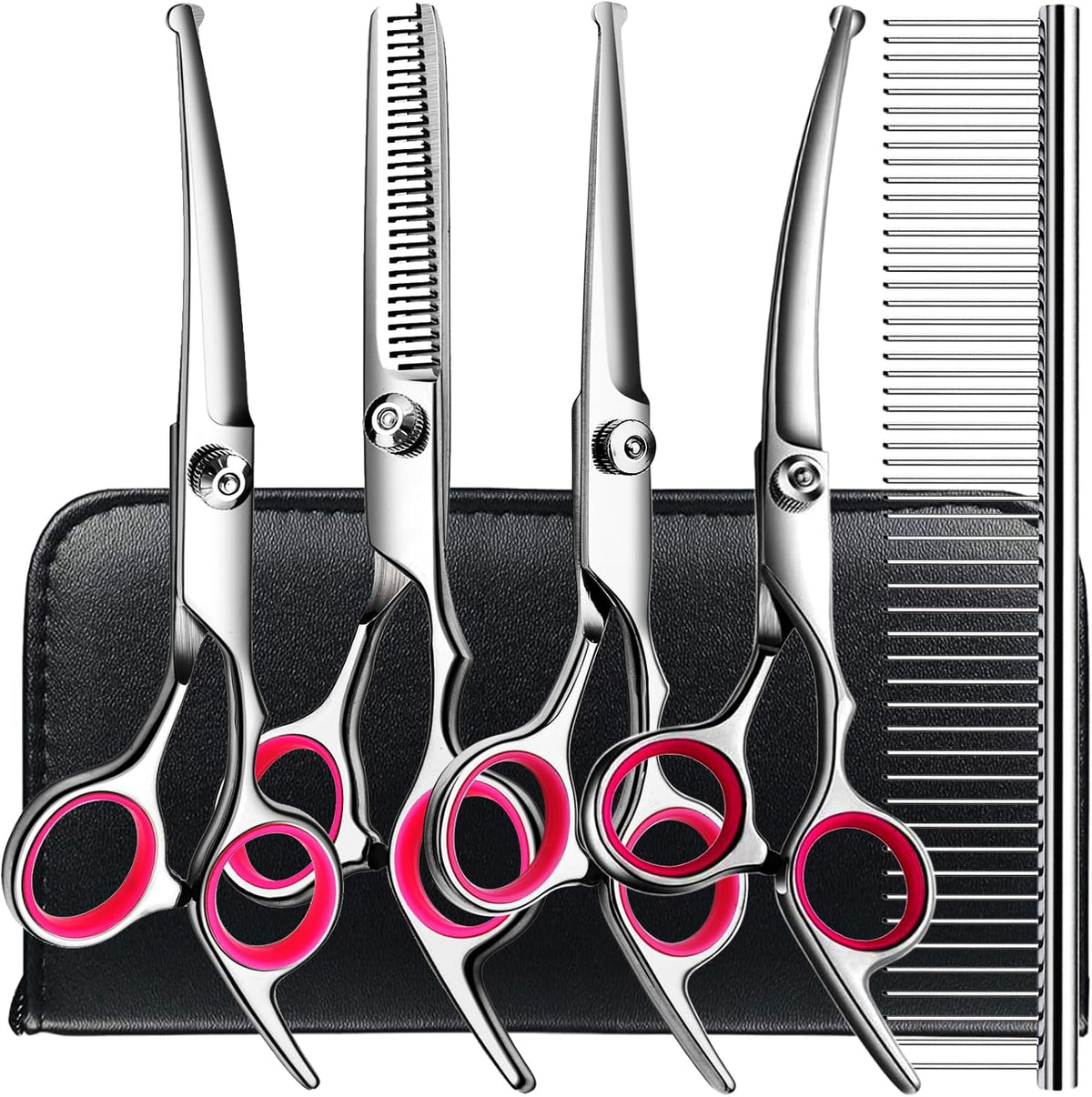TINMARDA Dog Grooming Kit, Professional Stainless Steel Dog Grooming Scissors with Curved Shears, Pink Finger Rings - 4 Piece Sharp Durable Pet Shears for Dogs Cats At Home Salon-Quality Grooming - Image 9