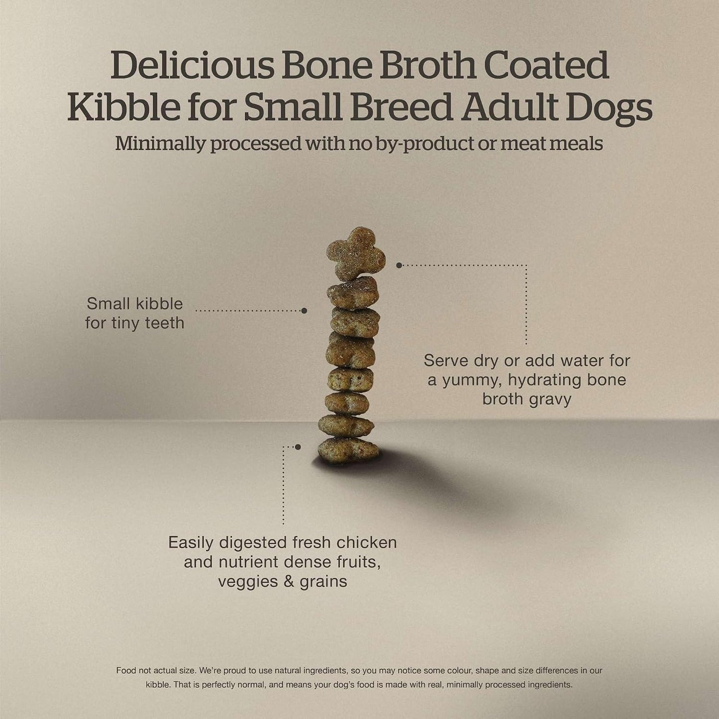 Close up view of tiny kibble pieces tailored for toy and small breed adult dogs