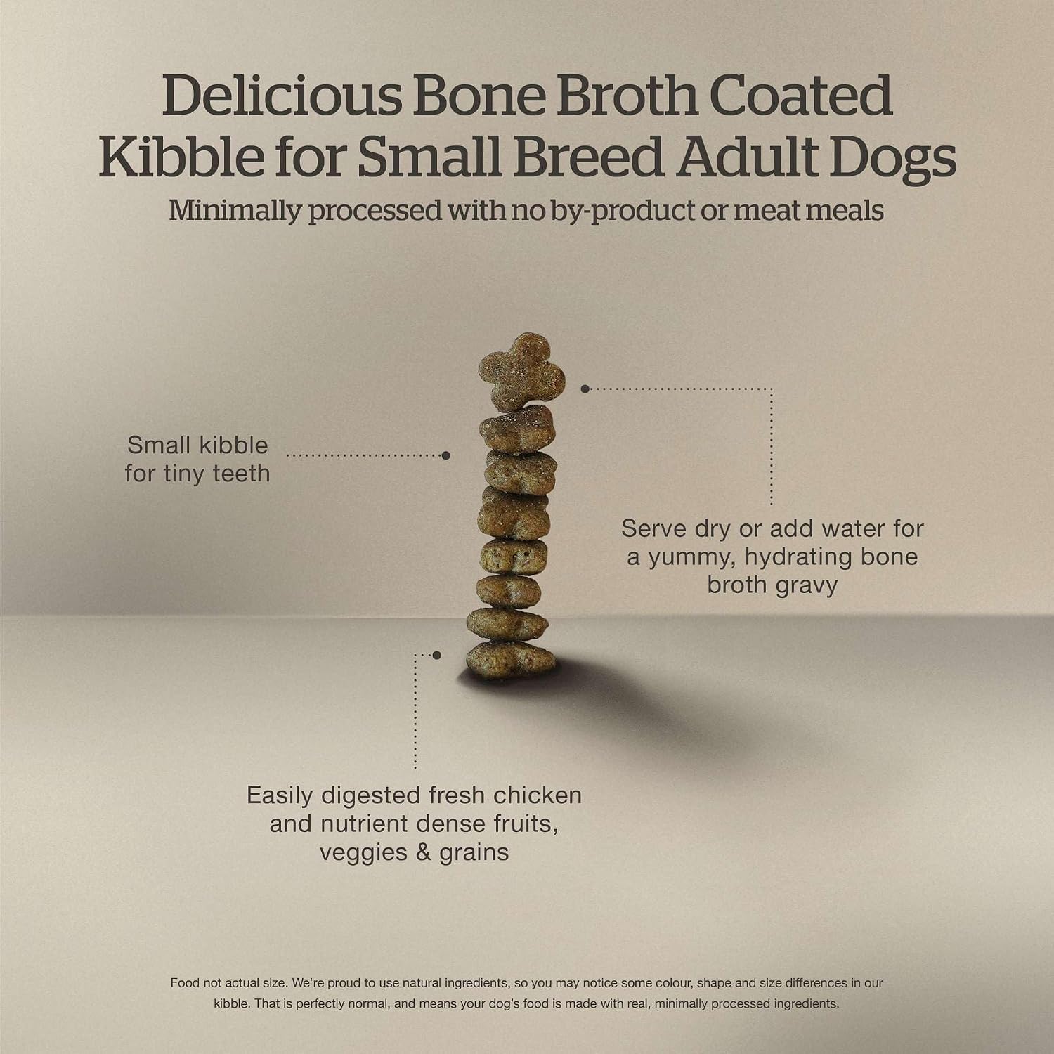 Close up view of tiny kibble pieces tailored for toy and small breed adult dogs