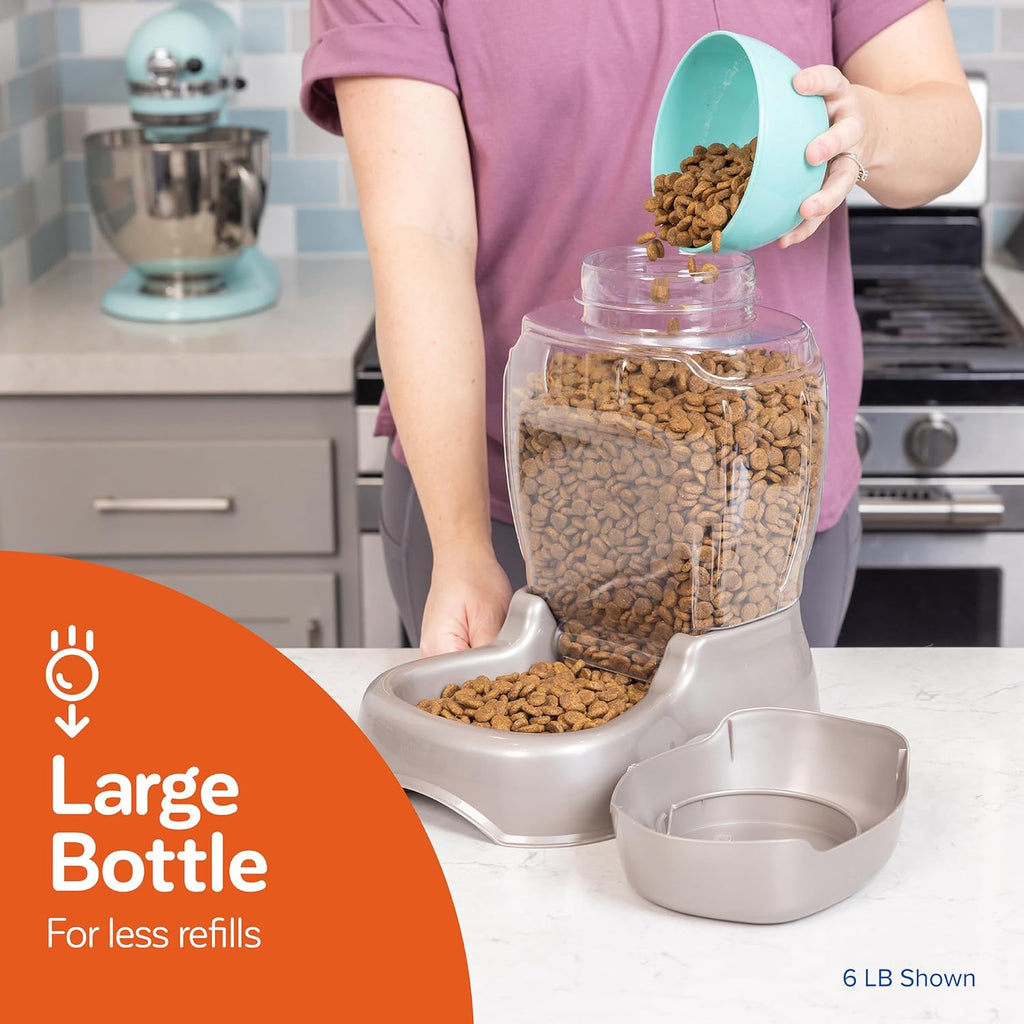 Petmate Pet Cafe gravity fed dog dispenser highlighting the easy-grab side cutouts