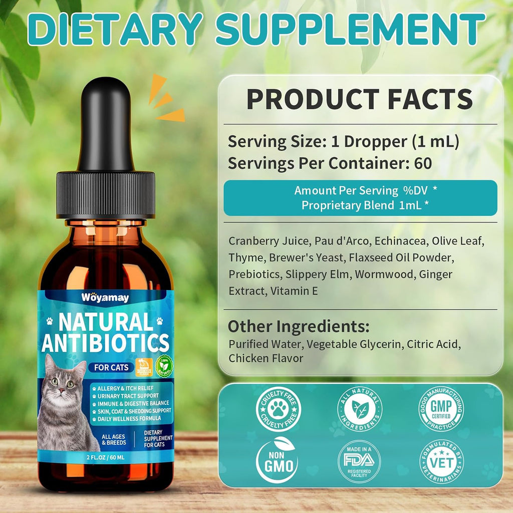 Woyamay cat health supplement bottle highlighting organic cranberry and probiotic blend.