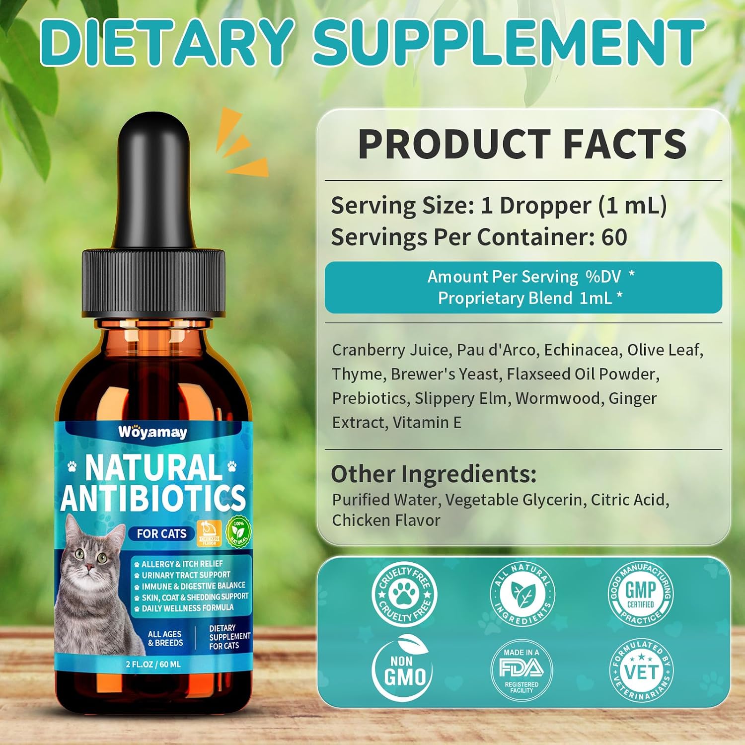 Woyamay cat health supplement bottle highlighting organic cranberry and probiotic blend.