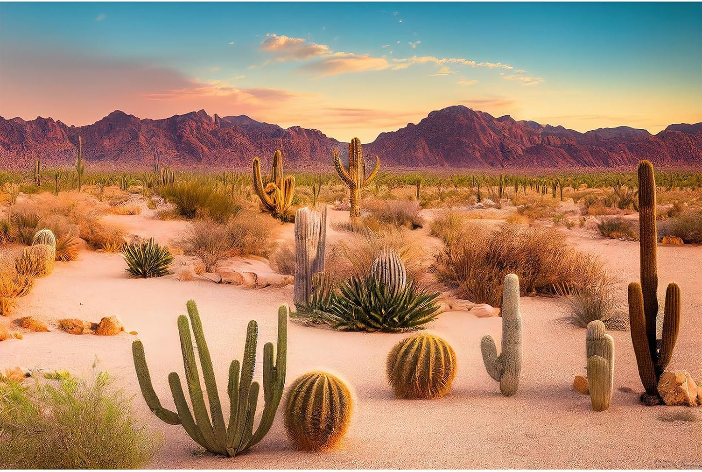 OHIOCATII Desert Reptile Habitat Background front view showing Sahara sand dunes and cacti for terrarium decoration.