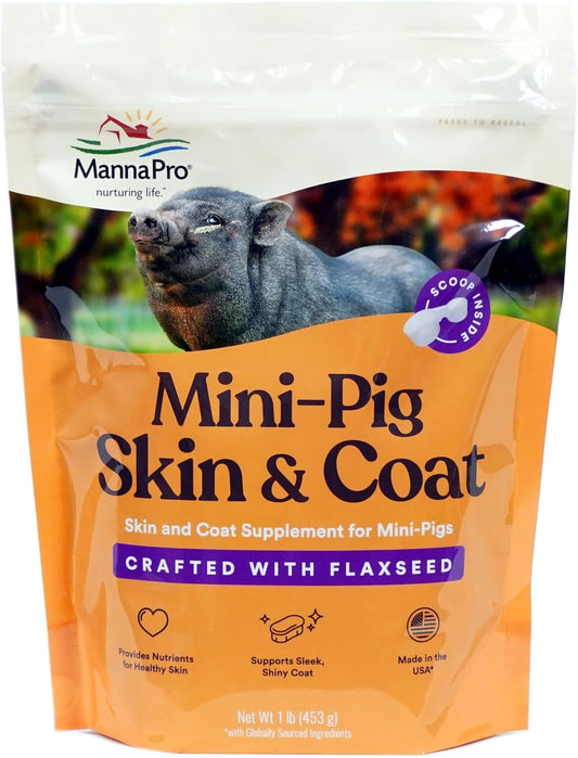 Manna Pro Mini Pig Skin and Coat Supplement front view of one pound packaging bag