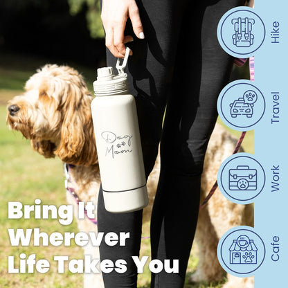 Cream colored insulated flask with leakproof chug lid and handle for outdoor hiking.