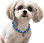 Hidden Hollow Beads Adjustable Beaded Pet Collar front view showing blue shimmering beads and silver paw print charm