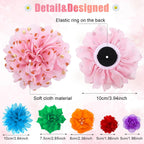 Sadnyy pet collar slide ons featuring soft chiffon flowers with beaded centers in rainbow colors.