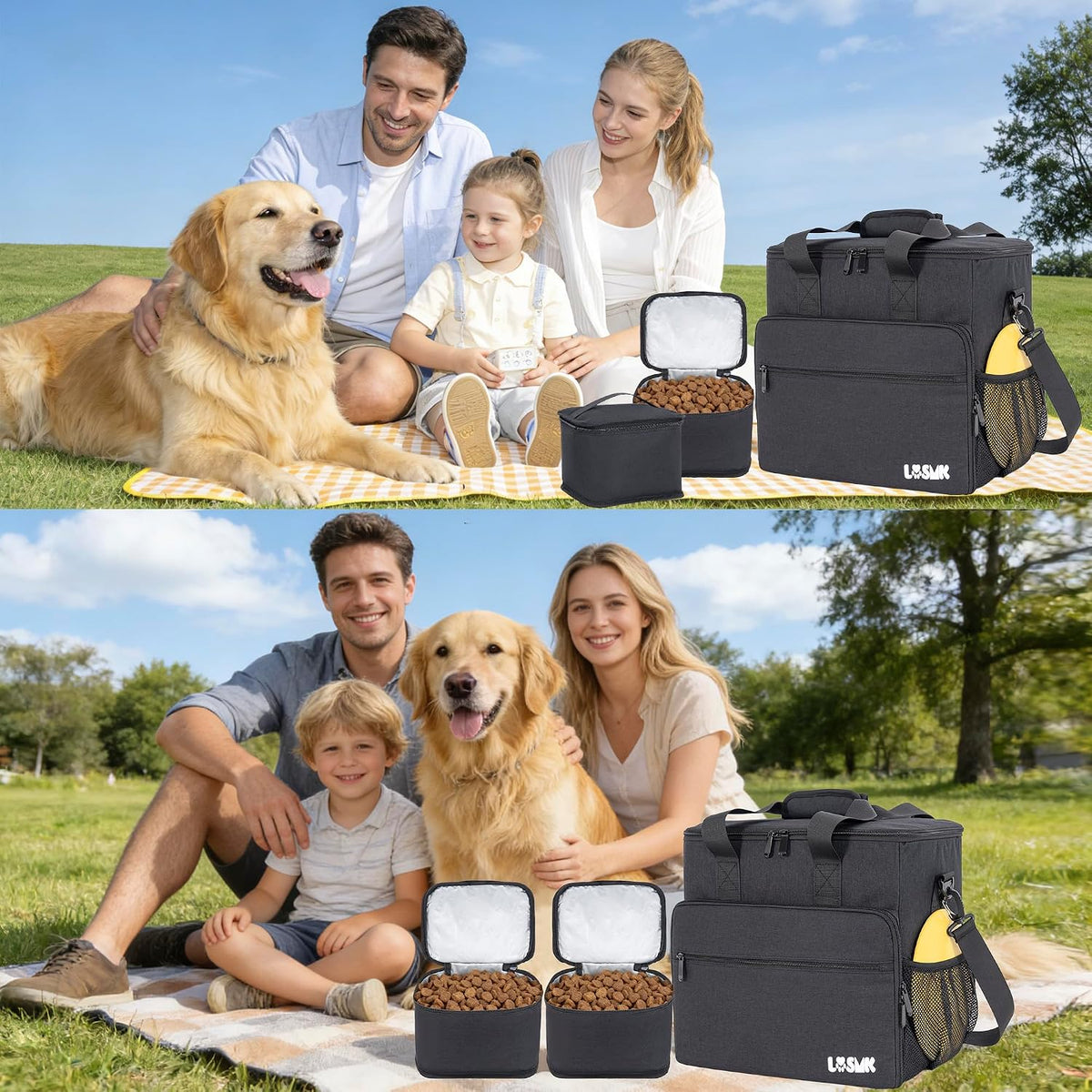 Dog Travel Bag, Large Pet Travel Set with Multi-Function Pockets, 2 Food Storage Containers, 2 Collapsible Bowls, 1 Feeding Mat for Pet Supplies, Road Trip Essentials, Weekend Camping (Black) - Image 9
