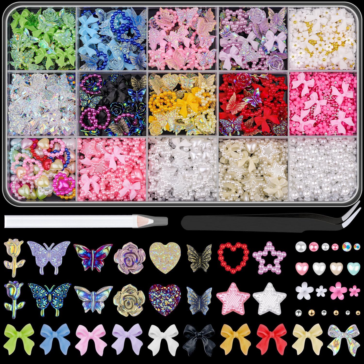 Belleboost 3D nail charms and gems set in a storage box.