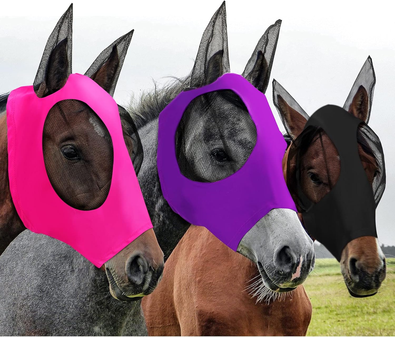 Weewooday 3 Pcs Horse Fly Mask with Ears UV Protection Full Face Fly Masks for Horses Elastic Smooth Breathable Comfortable Fit for All-Day(L,Purple, Blue, Pink) - Image 9