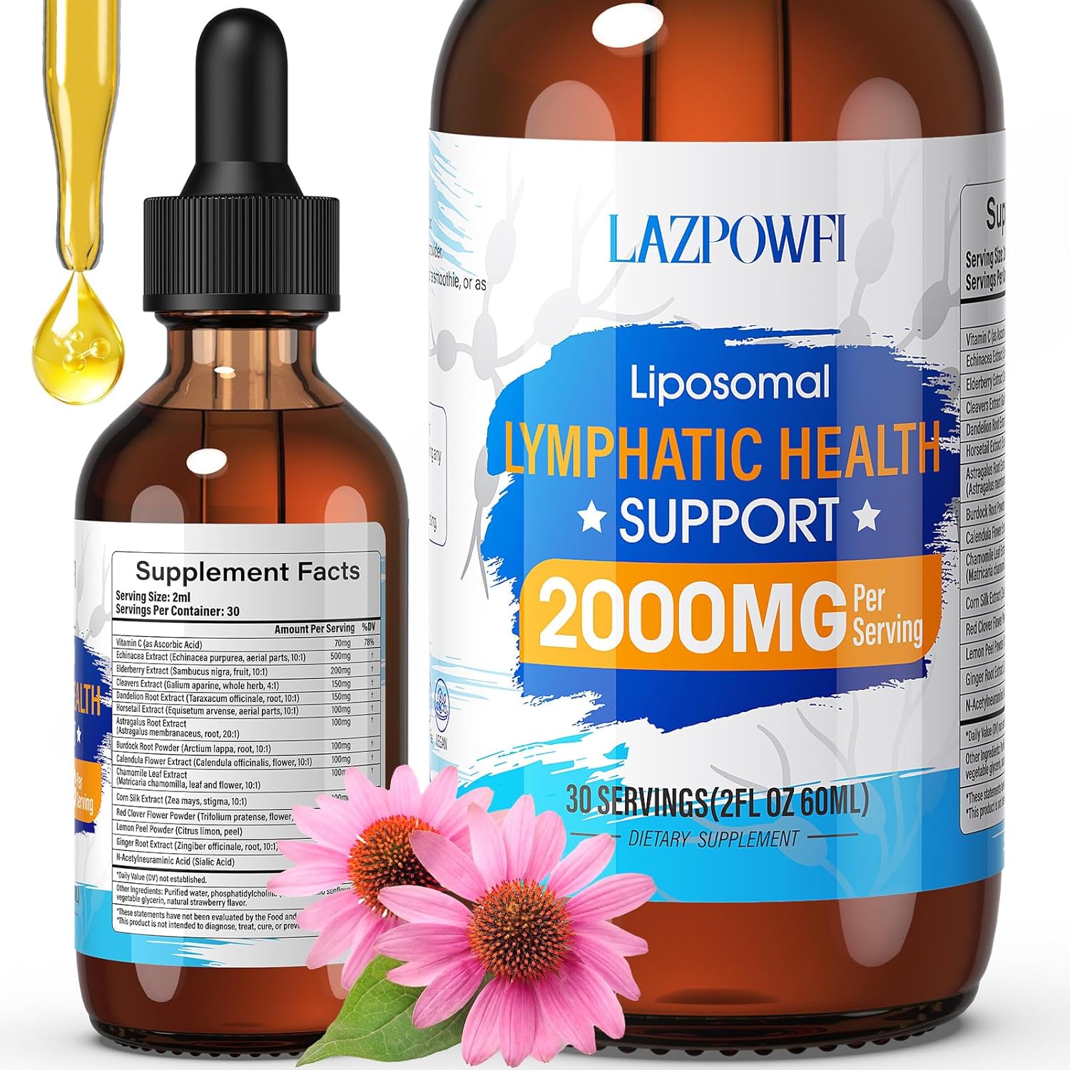 Lazpowfi Liposomal Lymphatic Drainage Drops front view bottle