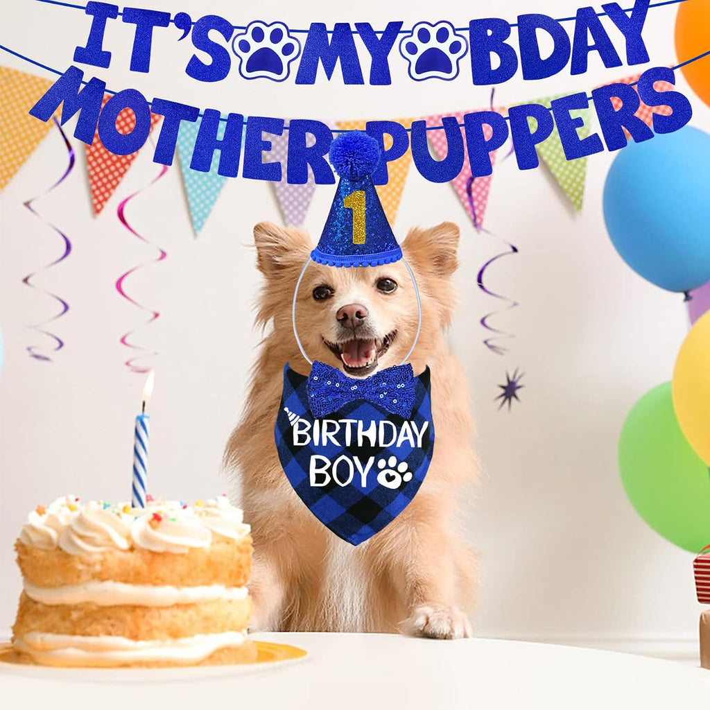 STMK blue small dog birthday bandana displaying birthday boy text clearly