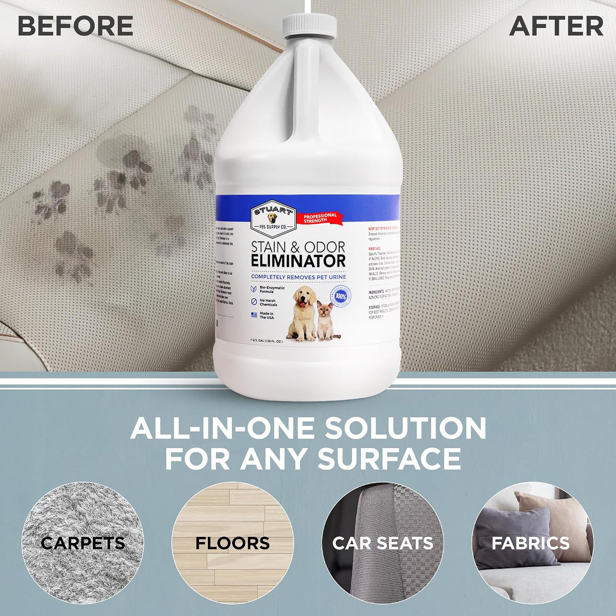 Stuart Pet Supply Co. cleaner bottle on carpeted surface