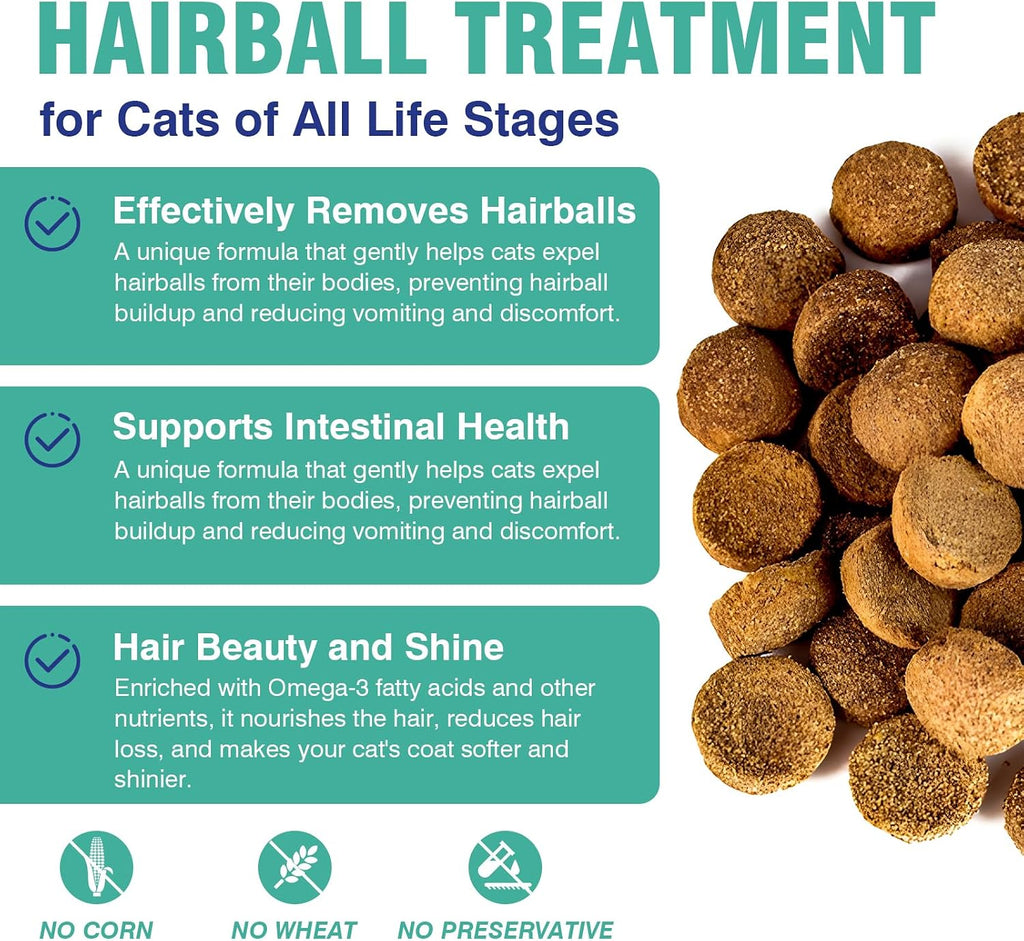 Chicken flavored hairball treatment for indoor cats showing supplement facts