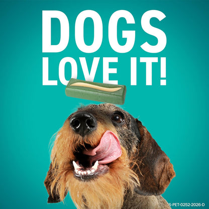 Green and white dual action OraVet chew showing the texture designed for dog teeth cleaning