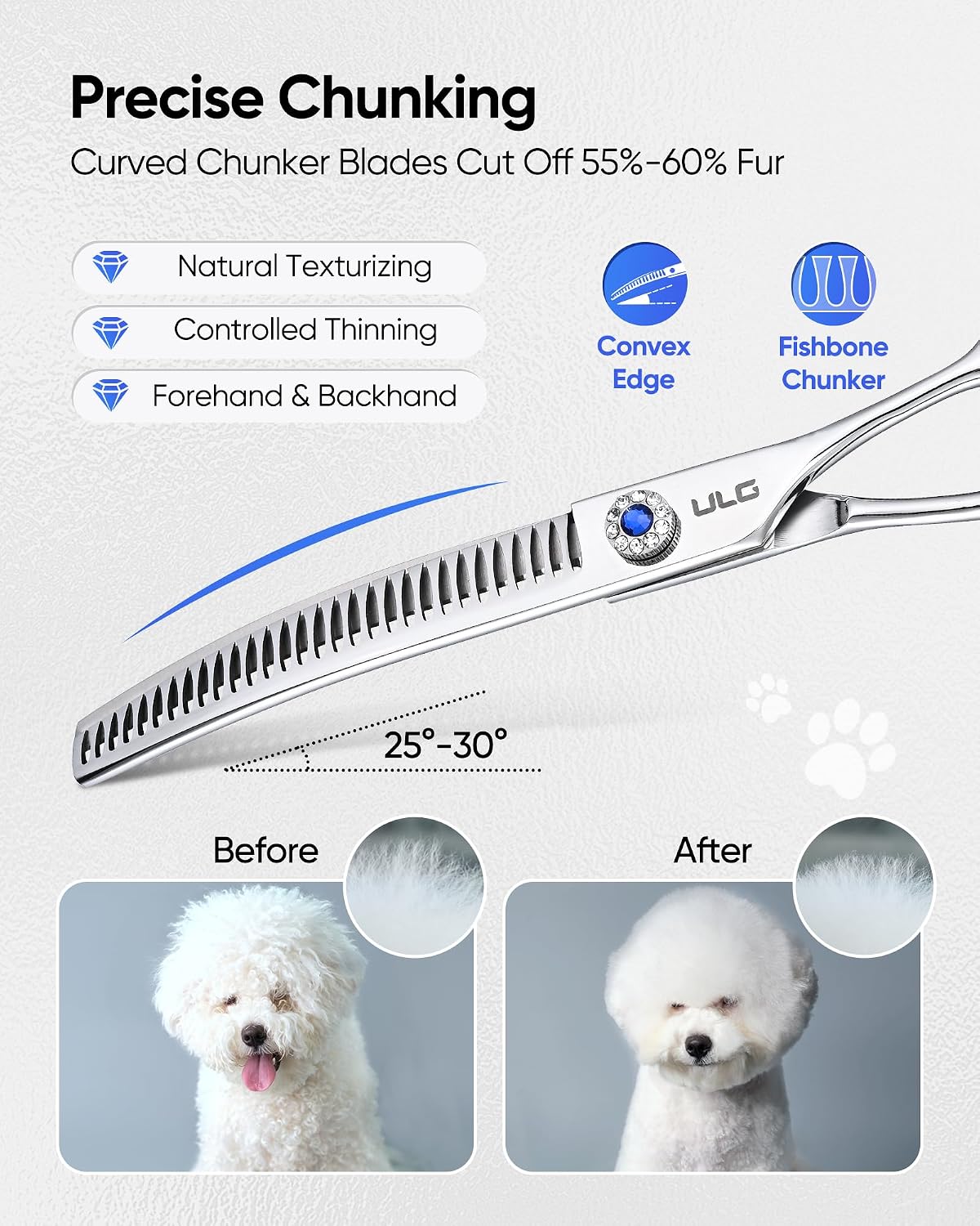 ULG 7.5 inches professional pet texturizing shears demonstrating precise coat blending angles