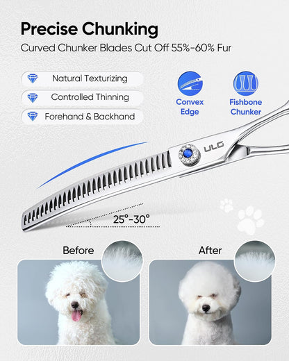 ULG 7.5 inches professional pet texturizing shears demonstrating precise coat blending angles