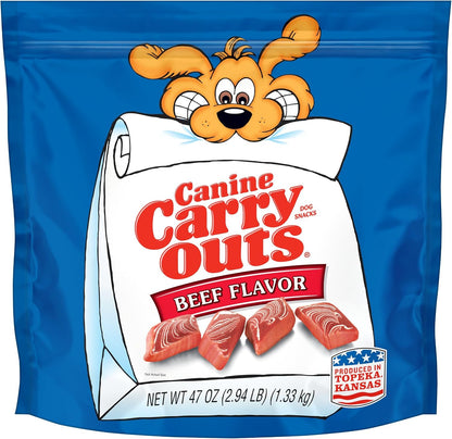 Canine Carry Outs Beef Flavor Dog Treats front view of 47 ounce packaging