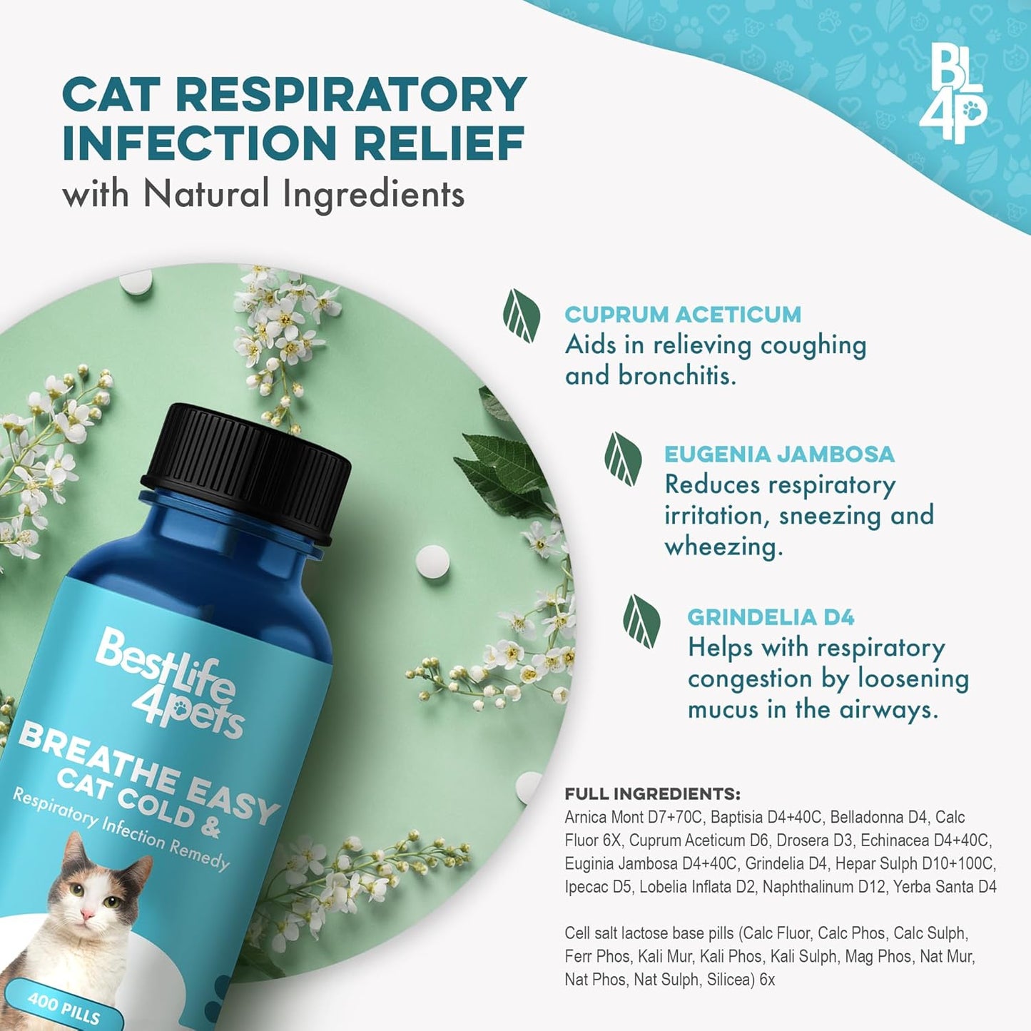 BestLife4Pets bottle showing four hundred count natural breathing remedy
