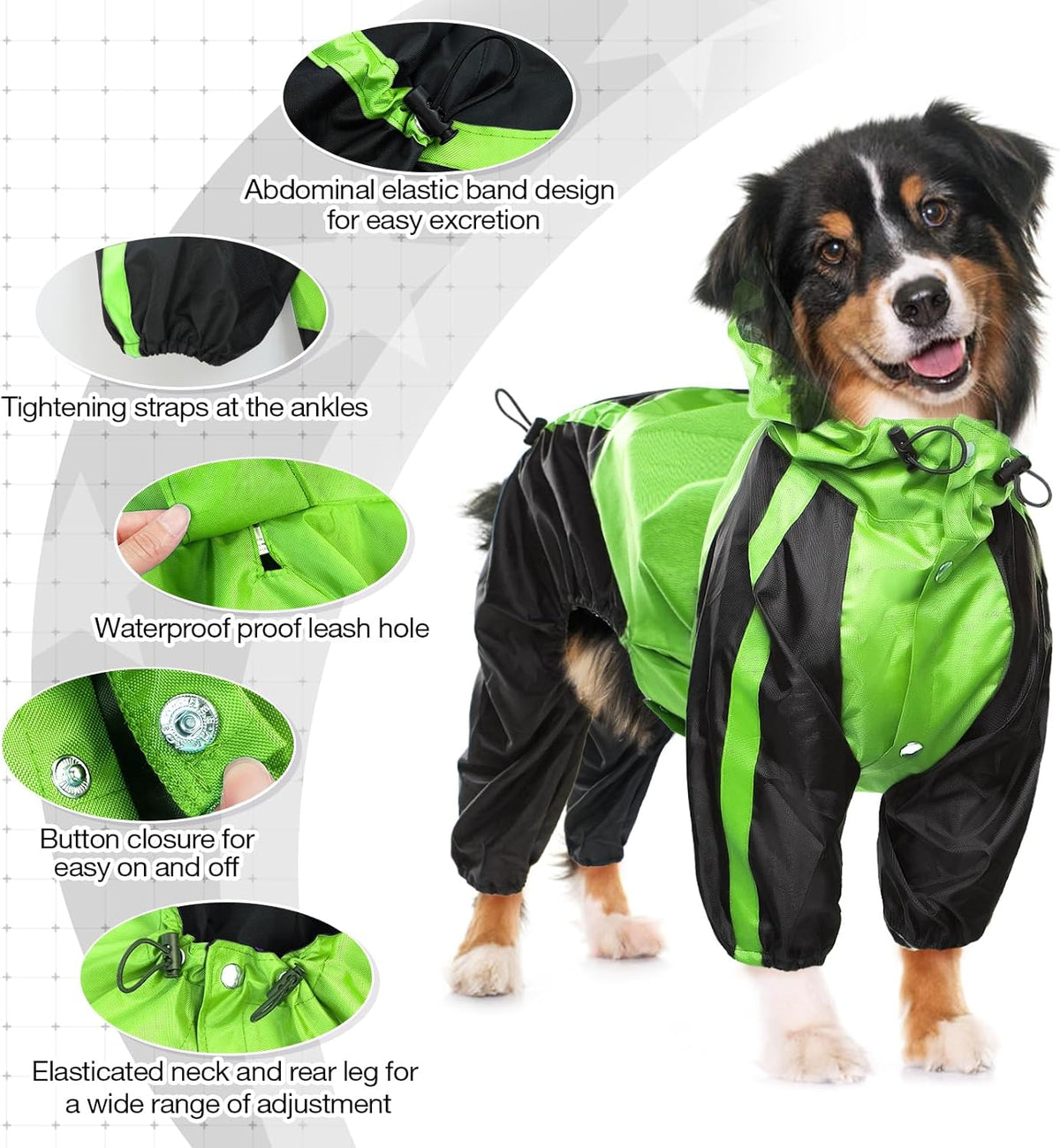 Adjustable four legs pet rain jacket with protective hood for large breeds.