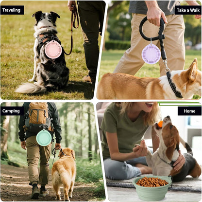 Three pack portable silicone pet feeding cups attached to a backpack during travel