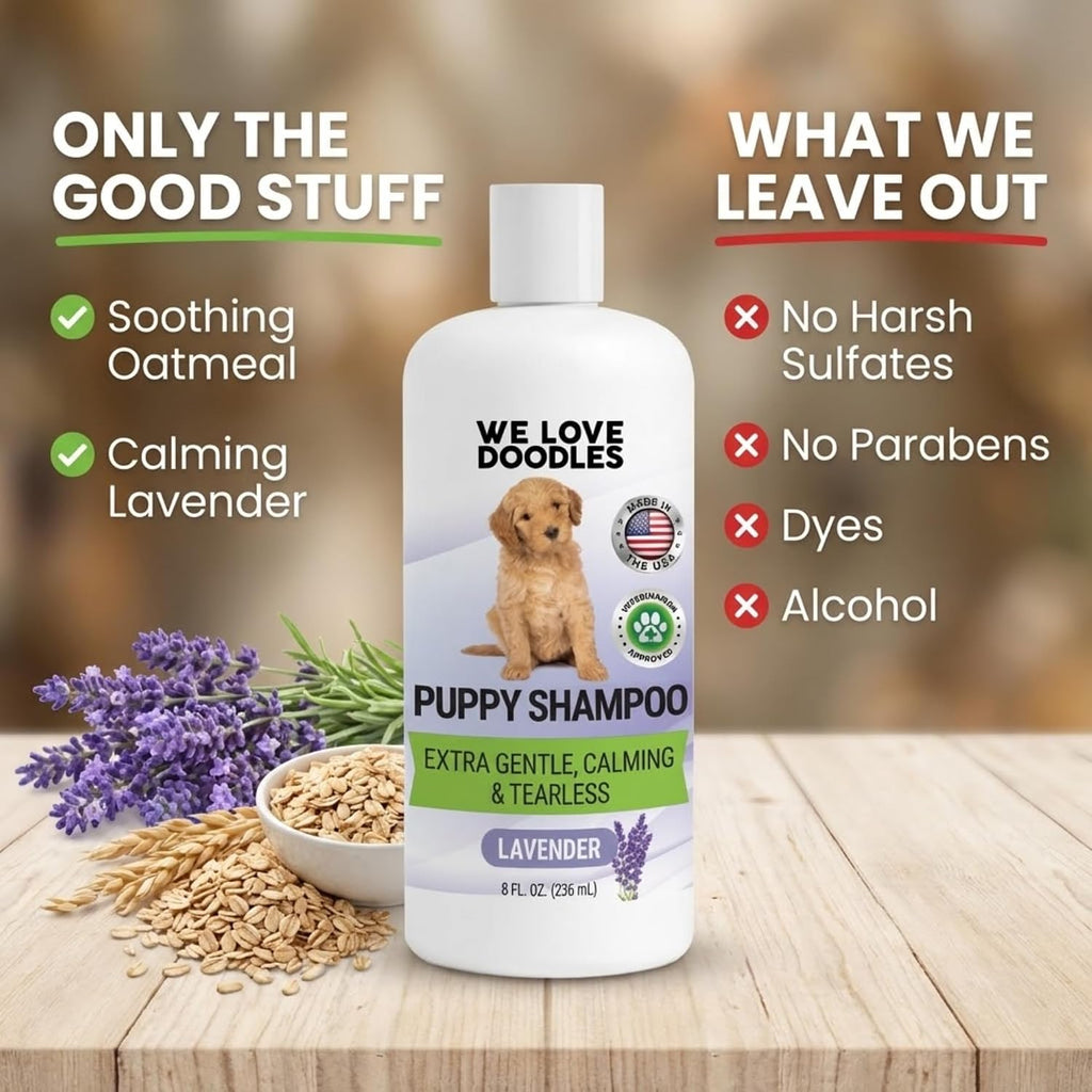 Organic oatmeal and chamomile puppy bath wash for itchy skin relief.
