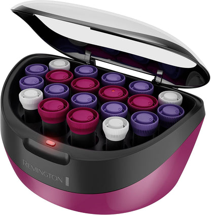 Remington Ionic Conditioning Hair Setter front view showing pink and black storage case with twenty heated rollers inside.
