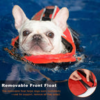 Reflective dog life vest in bright red color showing the heavy duty top rescue handle.