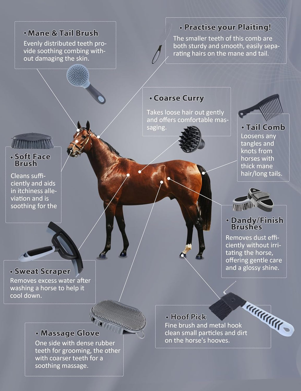 Full range of 11 equine care brushes for daily horse grooming.