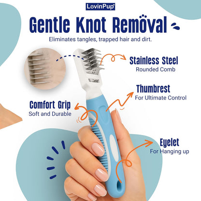 Close up of LovinPup pet grooming tool comfort grip handle