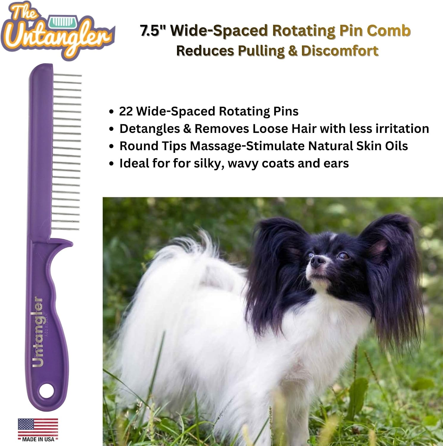 Close up of the independent rotating stainless steel pins on the pet comb