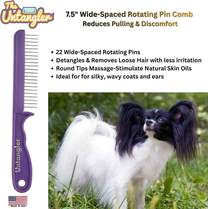 Close up of the independent rotating stainless steel pins on the pet comb