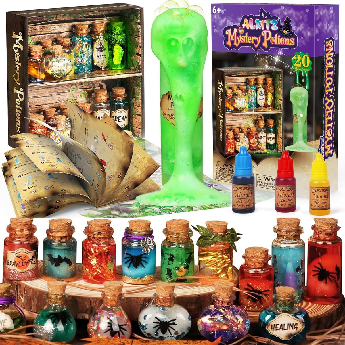 Alritz Mystery Potions Kit for kids with 20 bottles and crystals front view