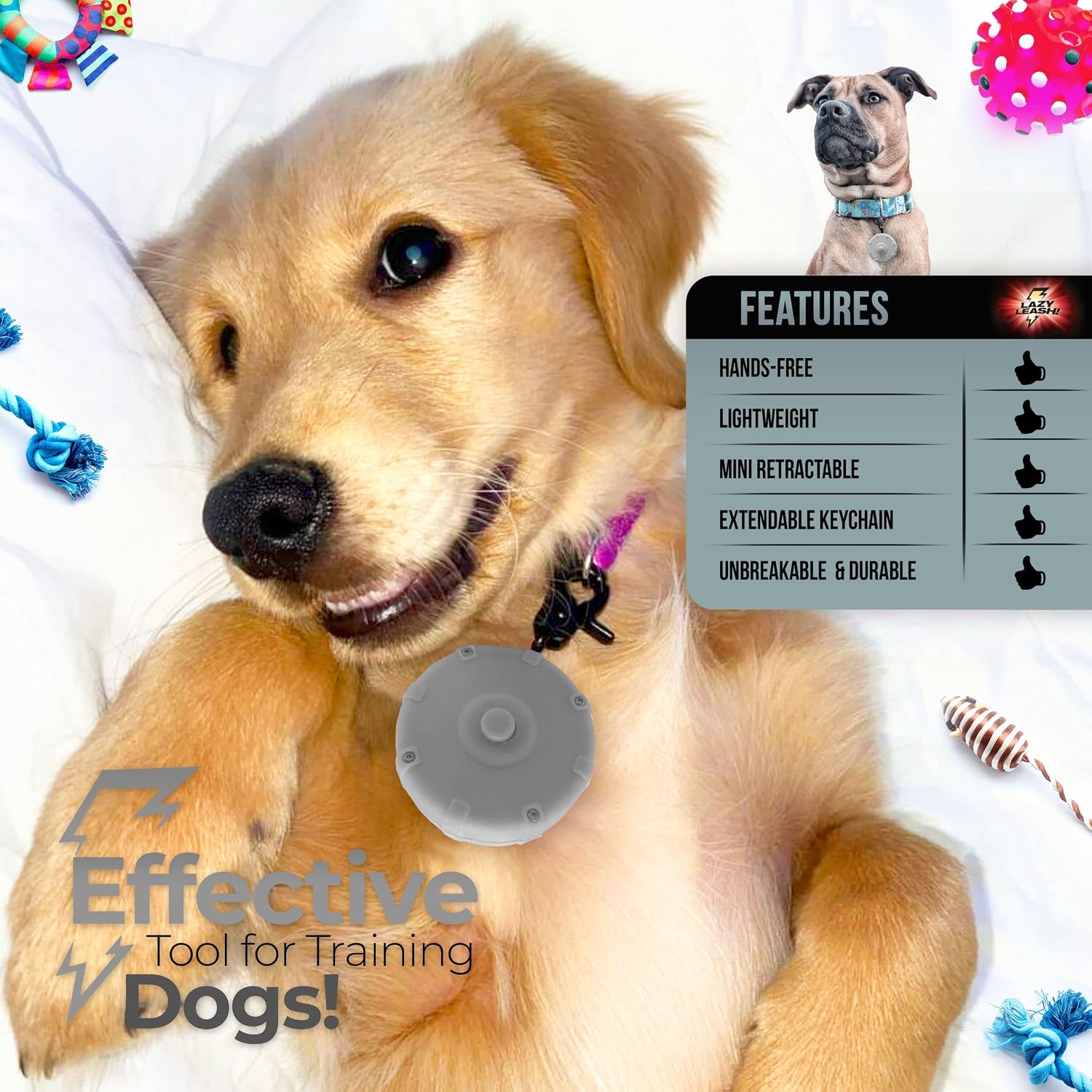 Heavy duty retractable pet lead attached to a dog harness collar showing off leash freedom functionality.