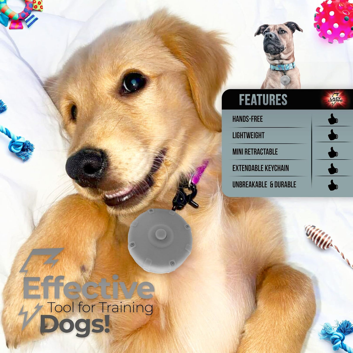 Heavy duty retractable pet lead attached to a dog harness collar showing off leash freedom functionality.