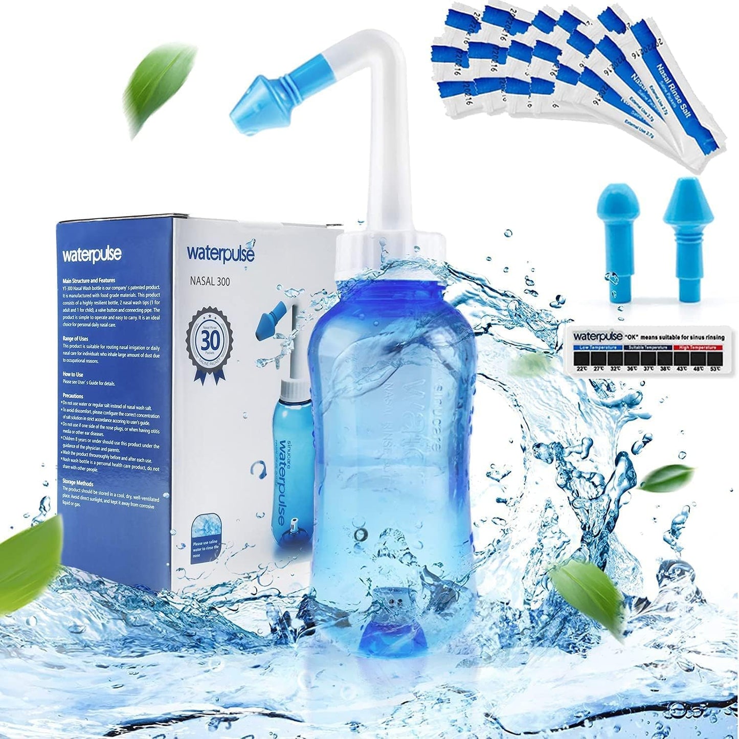 Waterpulse neti pot sinus rinsing bottle blue front view