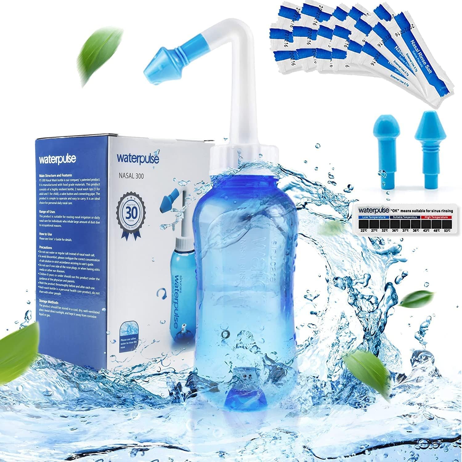 Waterpulse neti pot sinus rinsing bottle blue front view