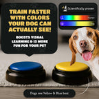 Pet friendly blue and yellow recordable sound buzzers with custom training stickers.