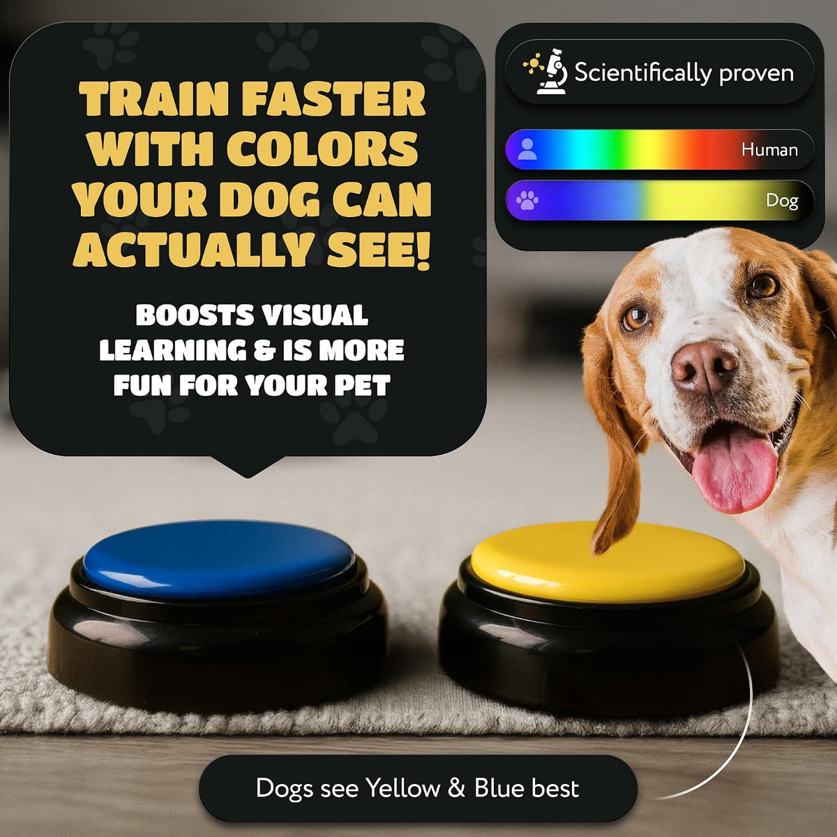 Pet friendly blue and yellow recordable sound buzzers with custom training stickers.