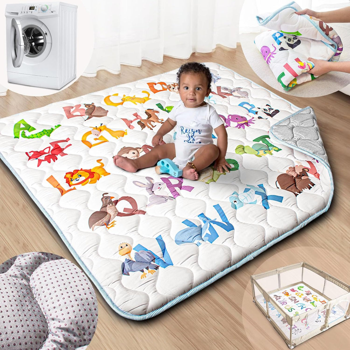 Beavtaens baby play mat front view with animal alphabet design
