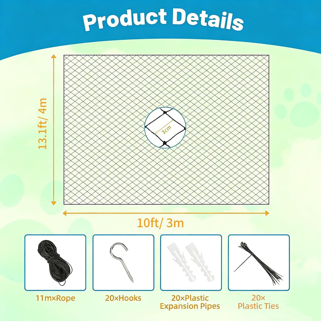 HomyPower cat netting installation kit components including zip ties and hooks